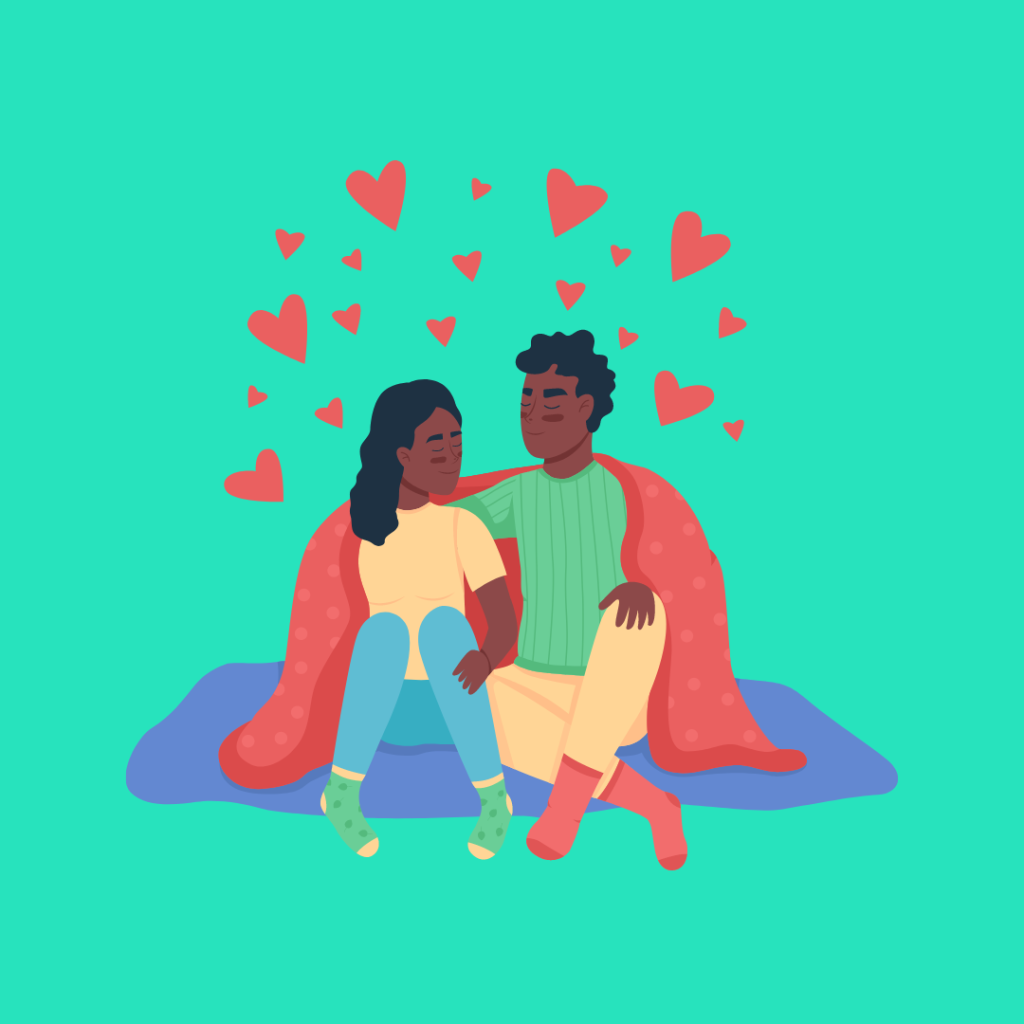 Graphic design image of two people cuddling and happy together.
