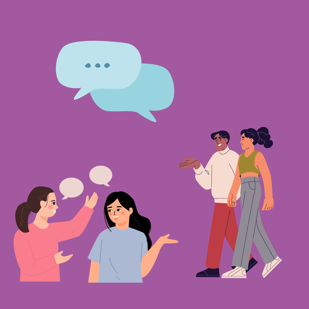 Graphic design image of different characters talking together.