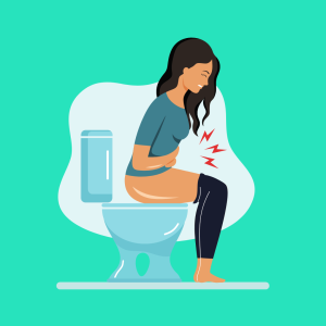 Graphic image design of a person with long brown hair, a green top, black pants pulled down, sitting on the toilet in pain.